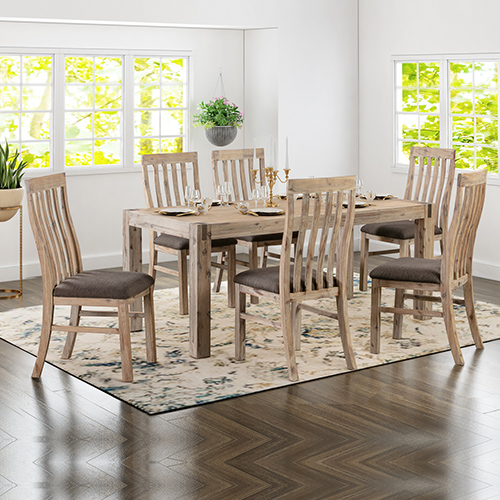 Java Solid Acacia Oak Large Dining Table With 8X Linen Upholstered Paded Chair